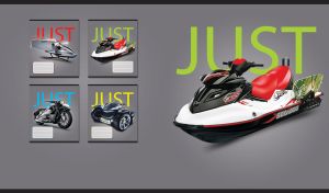 An isolated red, black and white water scooter on a grey background