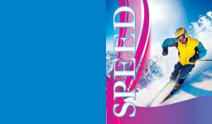 Fast moving skiing man in blue yellow equipment on fresh snow and crimson decor