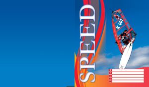 A windsurfer jumping high, with red black equipment and blue sky and red orange decor