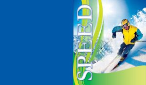 Fast moving skiing man in blue yellow equipment on fresh snow, green yellow decor
