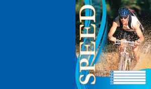 Young cyclist crossing through a puddle with brown droplets and blue decor