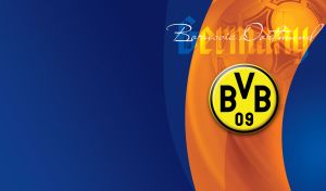 Borussia Dortmund Football club yellow and black logo on orange and blue curves