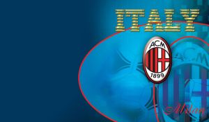 Red and white logo of A.C. Milan on a blue abstract background of team symbols