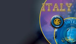Blue and yellow logo of Inter Milan on purple-black abstract of team symbols