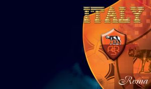 Orange and brown logo of A.S. Roma on orange-black abstract of team symbols