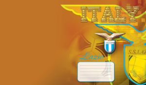 Blue and white logo of S.S. Lazio on orange-yellow abstract of team symbols