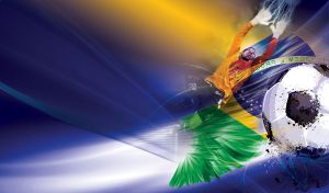 Soccer abstraction of Brazil football club in vibrant navy, yellow, and green colors