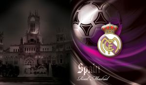 Purple and white logo of Real Madrid F.C. on purple and black abstract spiral