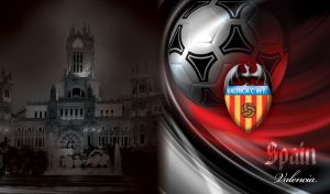 Shield and bat logo of Valencia F.C. against red and black abstract spiral