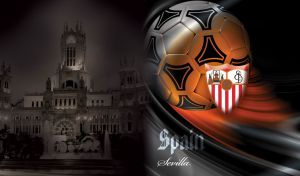 Red and white logo of Sevilla FC against orange and black abstract spiral