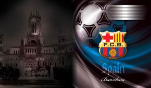 Multicolor shield logo of FC Barcelona against blue and black abstract spiral