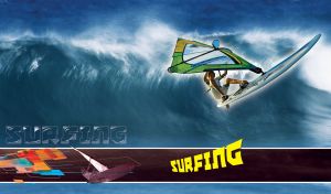 Windsurfer on a blue surfboard with a green sail glides on high wave across the blue ocean