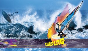 Windsurfer on a white surfboard with a blue sail glides across the blue ocean waves