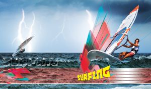 Woman surfer on a white surfboard with a white blue sail glides across the blue ocean