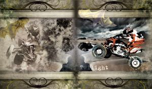 Red ATV moves along a sandy beach at twilight in sepia frame with bat silhouette