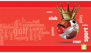 Crowned ball with sport items on a red checkered monochrome