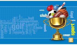 Prize cup with sport items on a blue checkered monochrome