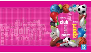 Frame made of sports items on a pink checkered monochrome