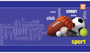 Sports balls, a puck and a shuttlecock on a navy checkered monochrome