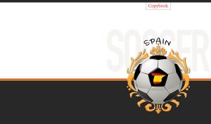 Football with Spain flag framed by a golden coat of arms on black and white