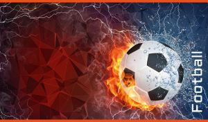 Football in fire and water on an abstract geometric navy and maroon backdrop