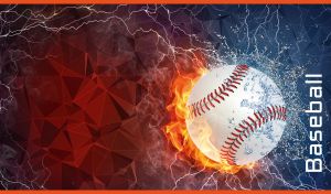 Baseball in fire and water on an abstract geometric navy and maroon backdrop