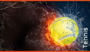 Tennis ball in fire and water on an abstract black and navy backdrop
