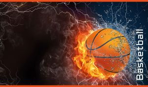 Basketball in fire and water on an abstract black and navy backdrop