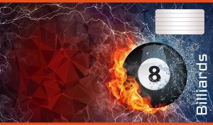 Billiard ball in fire and water on an abstract geometric navy and maroon backdrop