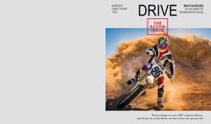 Motocross driver in the dust on the cover of a vintage sports magazine on pastel gray