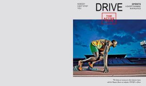 Sprinter ready to win on the cover of a vintage sports magazine on pastel gray