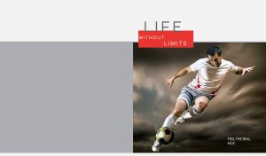 Soccer player kicks the ball in a storm against a grey background
