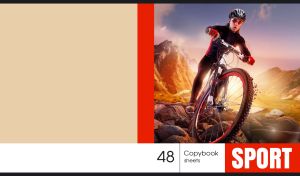 A sports moment of a cyclist riding on rocks at sunset on a tan background