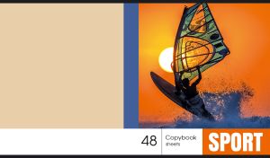 A sports moment of a windsurfer against the white sun in orange sky on tan