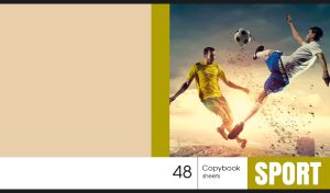 A sports moment of a soccer flying kick on a tan background