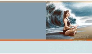 Young woman meditating in front of a tidal wave on a pastel teal-grey backdrop