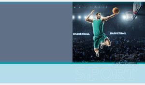 Basketball player scores slam dunk on a pastel teal-grey backdrop