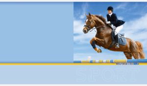 Female jockey on a horse jumps over the hurdle on a pastel blue backdrop