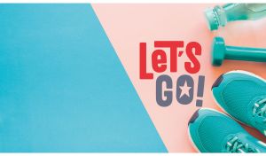 Sneakers, water bottle, and teal dumbbell on a light pink and teal-blue backdrop