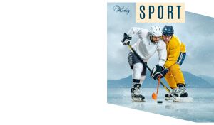 Hockey players fight for the puck against a blue backdrop