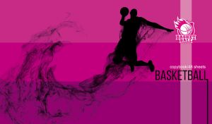 A silhouette of a basketball player executing a slam dunk on purple