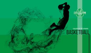 A silhouette of a basketball player executing a backscratcher dunk on green