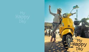 Woman beside a yellow scooter enjoys a happy sunny day on light blue
