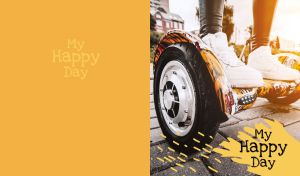 Person on a hoverboard in motion enjoys a happy sunny day on orange