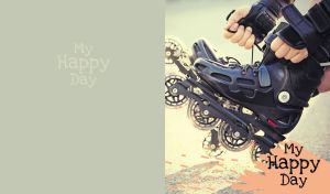 Person lacing up roller skates enjoys a happy sunny day on pastel green-grey