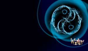 Yin and Yang symbol made of water splashes against a blue-black gradient