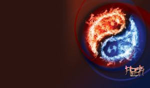 Yin and Yang symbol made of blue and red flames on a blue-black-red gradient