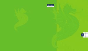 Heraldic silhouette of a dragon on a lime green monochrome