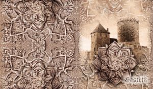A carved ornamental flower in sepia-brown on a monochrome image of towers