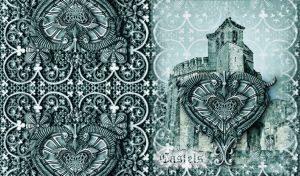 A carved ornamental heart in sepia-teal on a monochrome image of a castle walls